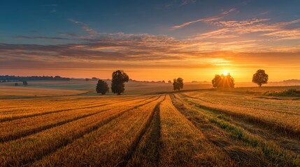 Sunrise over expansive farm fields forming a natural border, offering open space for inspirational messages celebrating farmers and World Farmers Day.