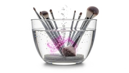 Makeup brushes soaking in a glass bowl of water with soap isolated on white background