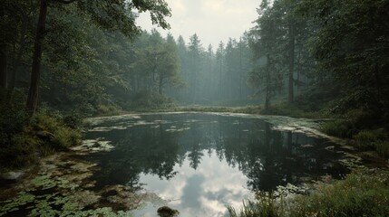 Obraz premium A fictional forest pond inspired by German landscapes, surrounded by dense greenery as clouds drift slowly across the sky, creating a calm and atmospheric natural scene.