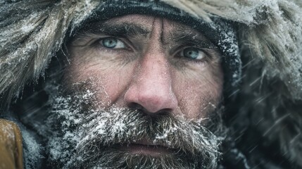 Portrait of a rugged explorer standing in a snowstorm with icy facial hair and an intense gaze, symbolizing endurance, survival, and human resilience in extreme conditions.