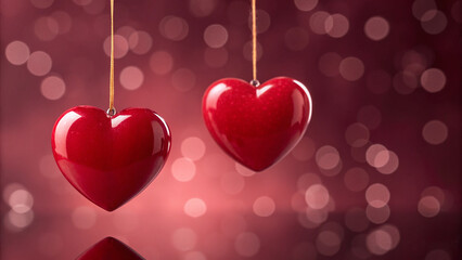 love themed background, glossy red hearts floating and hanging, deep wine-colored gradient, soft light reflections, elegant romantic atmosphere