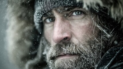 Portrait of a rugged explorer standing in a snowstorm with icy facial hair and an intense gaze, symbolizing endurance, survival, and human resilience in extreme conditions.