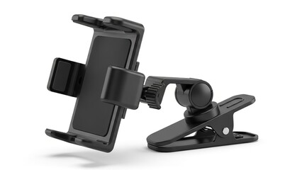 Black plastic car phone mount on , 3D rendering of a car phone holder with adjustable arm and clip isolated on white background