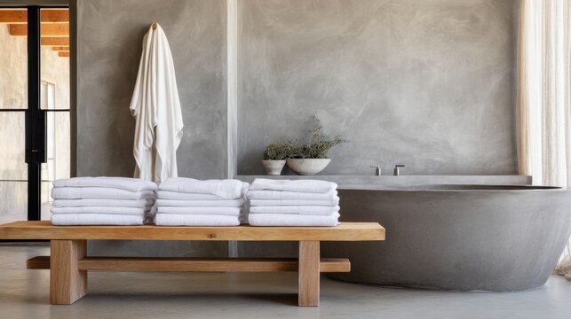 Minimalist spa bathroom featuring concrete hot tub and neatly stacked towels. Calm neutral tones, natural textures and serene wellness atmosphere for relaxation and self care - Powered by Adobe
