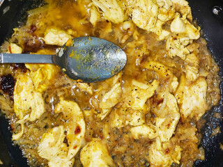 Sizzling Pan Fried Chicken with Onion and Sauce, Close-up