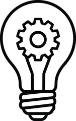 A simple line art illustration depicting a light bulb containing a gear, symbolizing idea development and process