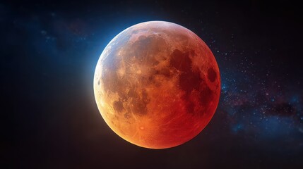 Stunning Blood Moon lunar eclipse visible in deep space, showing the Moon glowing red as it passes through Earth’s shadow during a rare astronomical event.