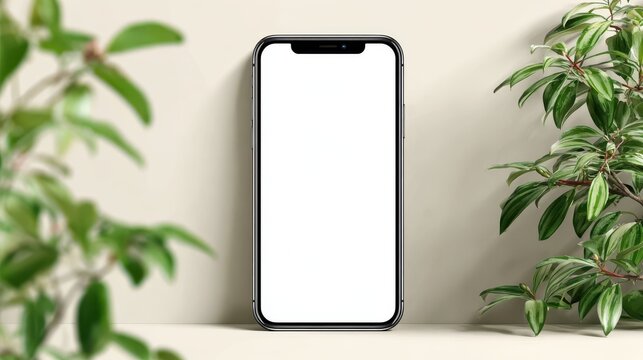 Modern smartphone on neutral background surrounded by green plants, perfect for technology lifestyle, mobile apps, and creative marketing mockups
