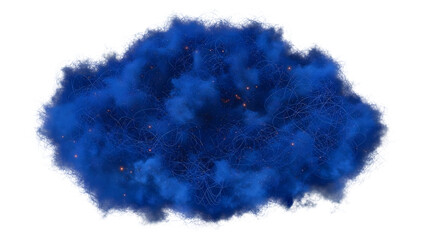 Blue cloud with white squiggly lines and red dots on black isolated on a transparent background abstract