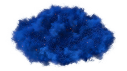 Blue cloud with white squiggly lines and red dots on black isolated on a transparent background abstract