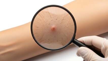 Close-up of a mole on human skin examined under a magnifying glass.
