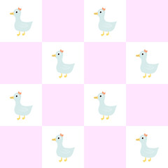 Seamless pattern with duck on chekerboard background,kids naive kawaii background.