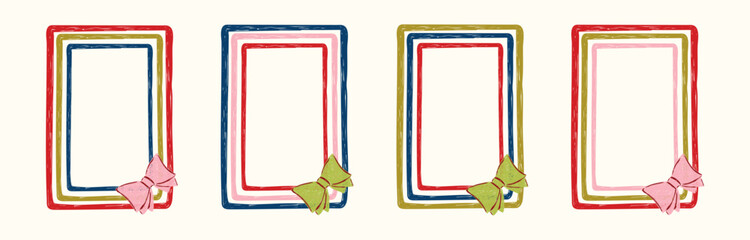 Hand Drawn xmas red, green, pink frame set with doodle bows, lace, ribbons. Coquette whimsical line borders for Merry Christmas, New Year, birthday, wedding, poster. Vintage minimalist vector illustra