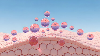 Skin hydration concept with pink bubbles on honeycomb texture