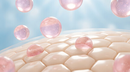 Glowing pink serum droplets on skin cells in skincare concept