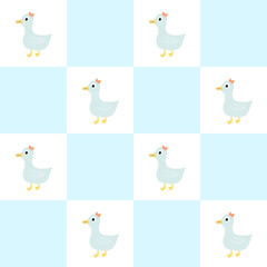 Seamless pattern with duck on chekerboard background,kids naive kawaii background.