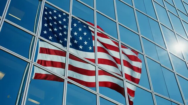 American Flag Reflected in Glass Building Facade &ndash; Suitable for Independence Day Corporate Greetings, US Patriotism Real Estate Marketing, American Business Branding Visuals