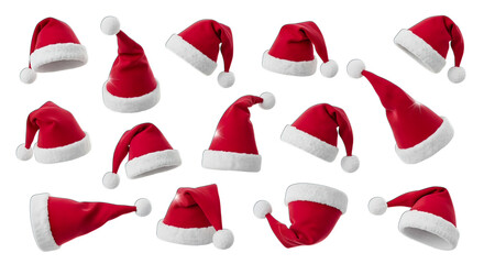 Fototapeta premium Collection of red santa hats with white pompoms, isolated on transparent background