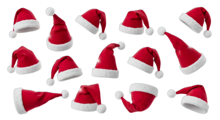 Collection of red santa hats with white pompoms, isolated on transparent background