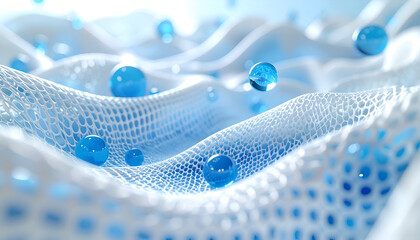 Innovative blue and white mesh material with floating spheres