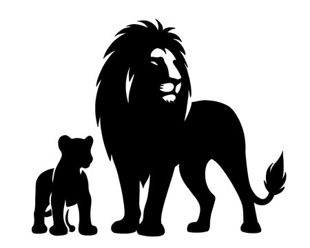 silhouette of father lion with his cub, vector illustration icon isolated on white background
