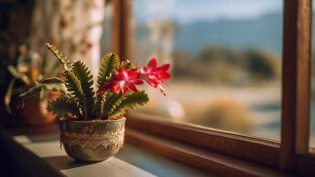 Christmas in the Desert: a small, decorated Christmas cactus or succulent sitting on a windowsill in a dry, sunny climate