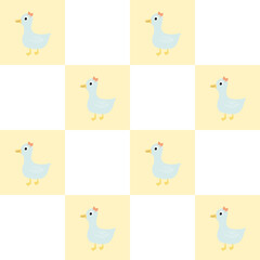 Seamless pattern with duck on chekerboard background,kids naive kawaii background.