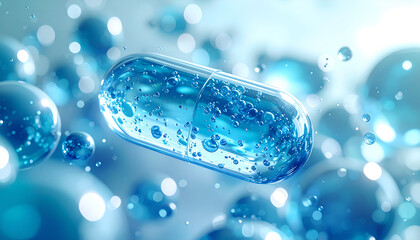 Glowing blue capsule with bubbles in water background