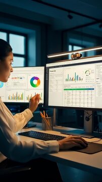 A focused professional analyzes data visualizations on dual monitors, showcasing vibrant charts, insightful graphs, and detailed reports in a modern office setting.