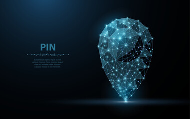 Pin. Low poly wireframe mesh looks like constellation on dark blue with dots and stars. Location, gps, marker symbol, illustration or background   © Littlemose