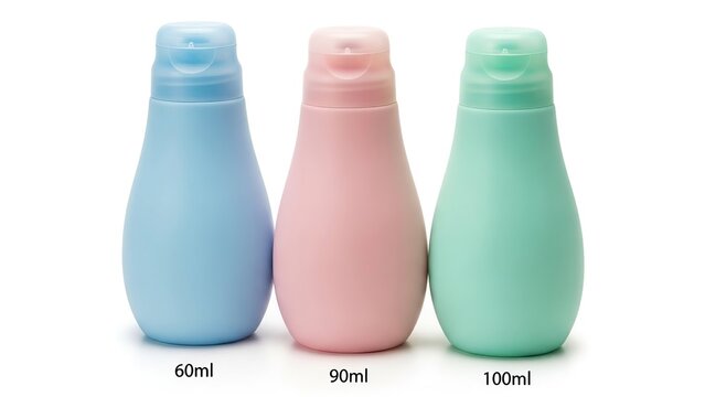 Three pastel colored plastic bottles on a isolated on white background