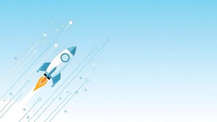 Startup Rocket Launch Concept on Blue Gradient Background