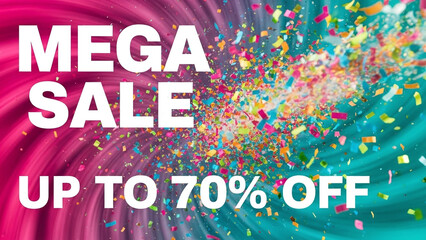 Vibrant mega sale advertisement banner featuring a colorful confetti explosion and up to 70 percent off discount text