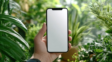 Hand holding smartphone in a lush greenery background showcasing natural light and vibrant plant life, perfect for nature-themed digital content collection