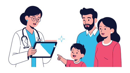 Fototapeta premium Doctor's Consultation: A compassionate doctor interacts with a family, offering healthcare advice, understanding, and support. This illustration highlights health, care and assistance.