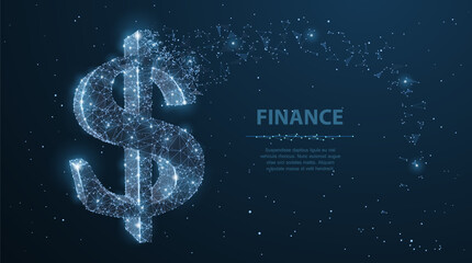 Dollar sign. Low poly wireframe mesh with crumbled edge. Currency, banking, finance symbol. Concept illustration or background.   © Littlemose