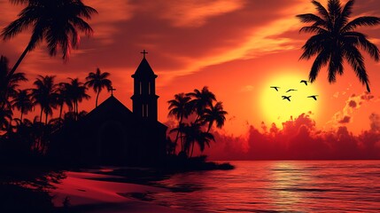 Serene tropical island church at sunset with palm trees