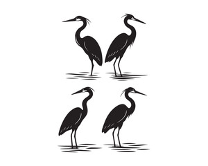 Fototapeta premium Heron bird silhouette, Heron shallow water silhouette vector illustration set collection, heron silhouette, heron bird silhouette, heron standing silhouette, heron in shallow water silhouette,