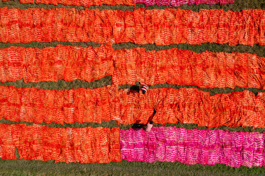 Aerial view of vibrant red and pink textiles spread out to dry, creating a striking pattern against the green grass, Narayanganj, Dhaka Division, Bangladesh.