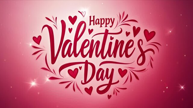 Happy Valentines Day red text on pink bokeh background. Romantic holiday design with light effects