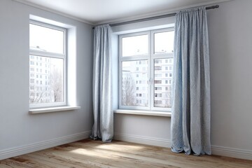 Interior corner room setting features bright windows with light blue patterned drapery and hardwood flooring