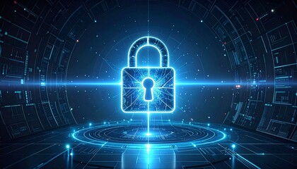 Glowing blue padlock in cyber-themed digital environment with circuit patterns and data center elements.