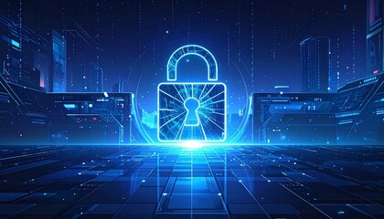 Glowing blue padlock in cyber-themed digital environment with circuit patterns and data center elements.