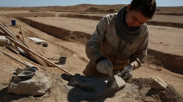 Meticulous Archaeological Excavation: A Dedicated Individual Carefully Uncovers Historical Artifacts in a Excavation Site Surrounded by Sand and Tools
