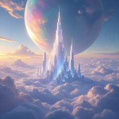 Futuristic Cloud City with Glowing Skyscrapers and Distant Planet in Ethereal Light, Generated AI