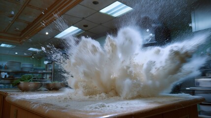 A culinary explosion of flour inside a bustling kitchen when a chef accidentally slams a container, white powder filling the air in a humorous, chaotic cloud &mdash; relatable kitchen mishap photography.