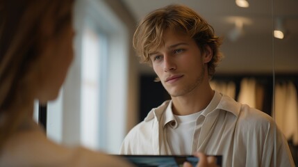 A modern smart fitting room with interactive mirrors that display size suggestions and virtual color options while the customer experiments with different styles. cinematic color correction,