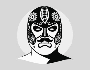 Illustration of a Luchador Wrestler in a Mask: A Black and White