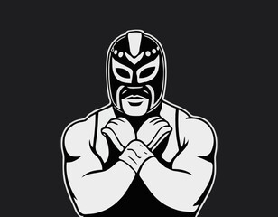 Illustration of a Luchador Wrestler in a Mask: A Black and White