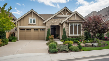 leaseholder. Beautiful home exterior with a landscaped backyard in daylight. real-estate listings, architecture portfolios, designed for architectural facade and classical detail presentations.